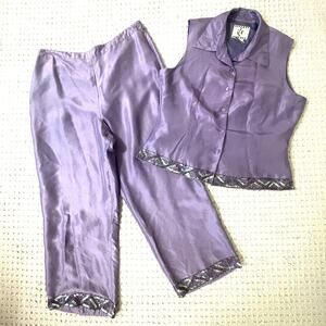 Vintage iCE Lavender 100% Silk 2-Piece Pant Set Size 8 Sequin Beaded Y2K